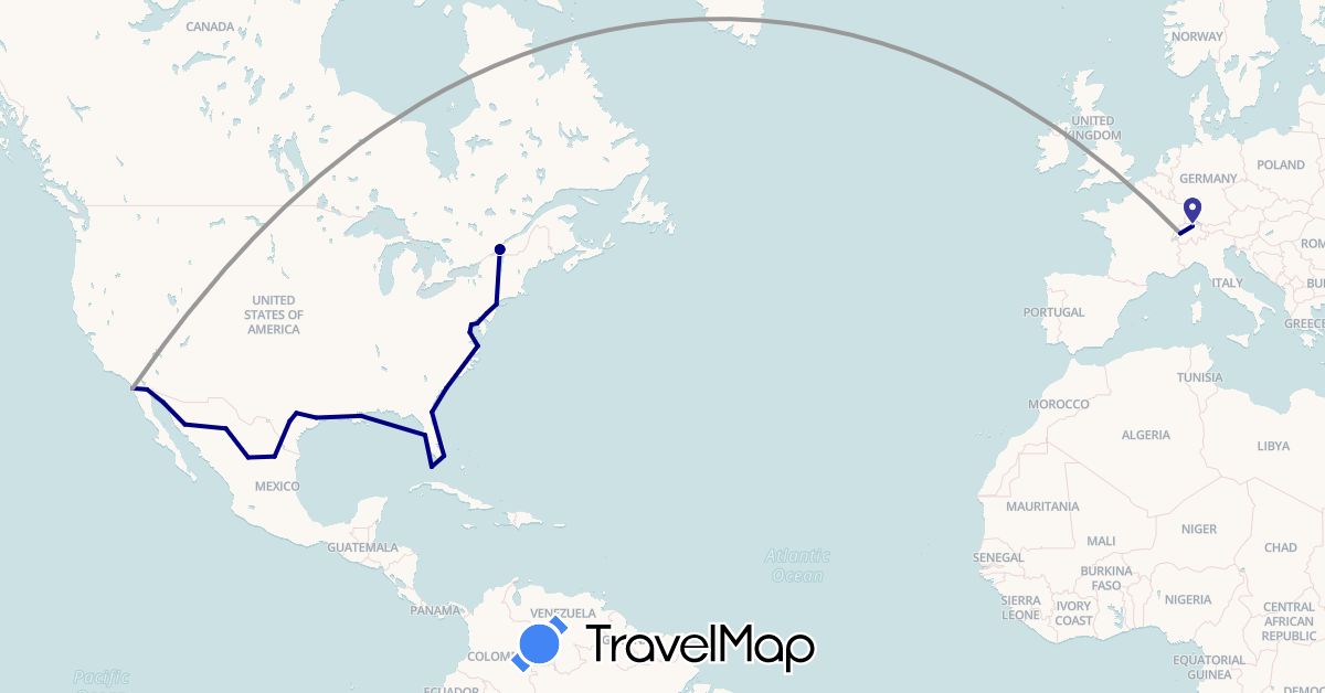 TravelMap itinerary: driving, plane in Canada, Switzerland, Mexico, United States (Europe, North America)